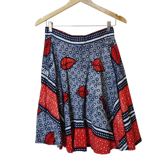 Vintage Dresses & Skirts - Vintage Handmade African Red Blue Leaf Print A-line Mini Skirt Swahili Medium
